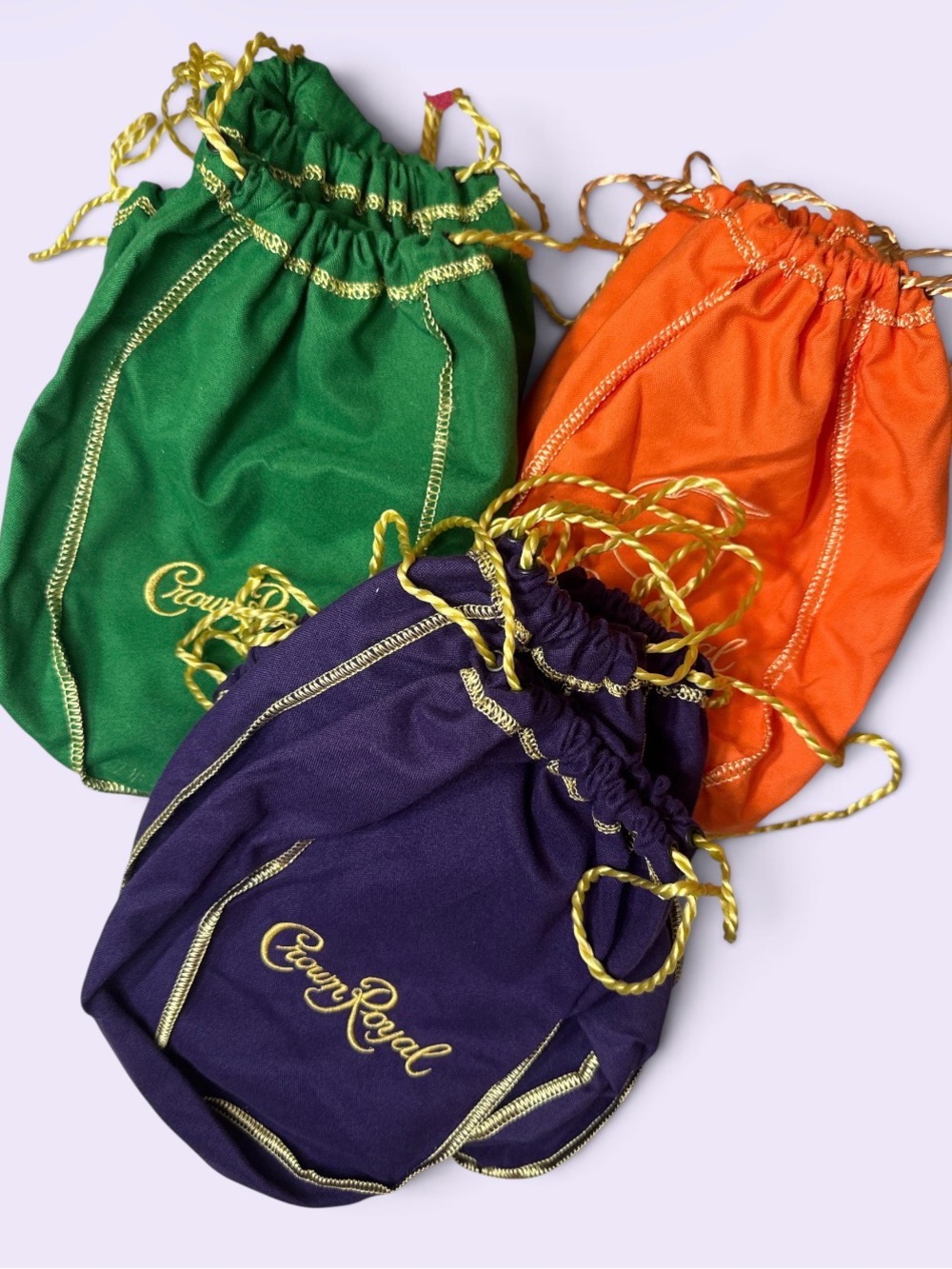 Crown Royal Drawstring Bags on Green Purple and Peach set of 13
